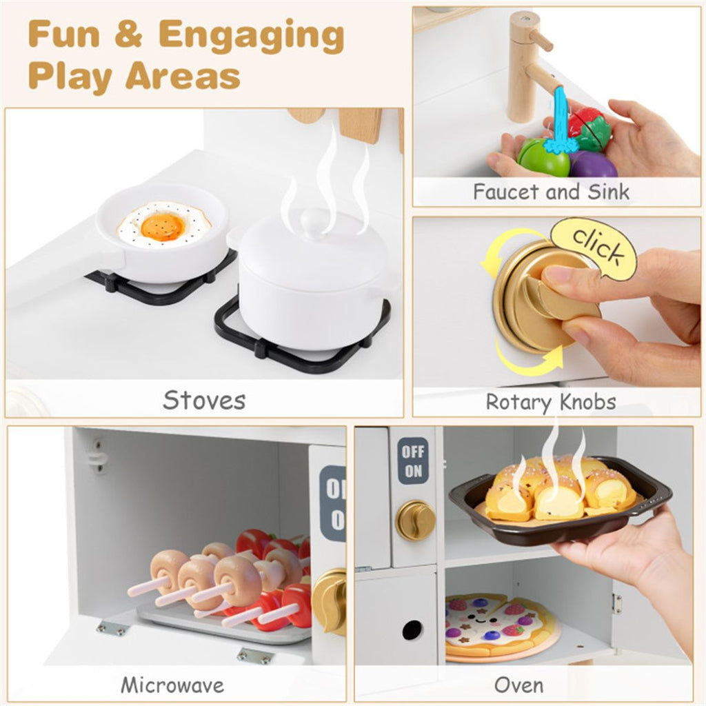 inQ Boutique - White Wooden Kids Play Kitchen with Interactive Stove & Sink, ASTM/CPSIA Compliant Pretend Cooking Set for Ages 3+