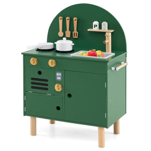 inQ Boutique - Green Wooden Kids Play Kitchen with Interactive Stove & Sink, ASTM/CPSIA Compliant Pretend Cooking Set for Ages 3+