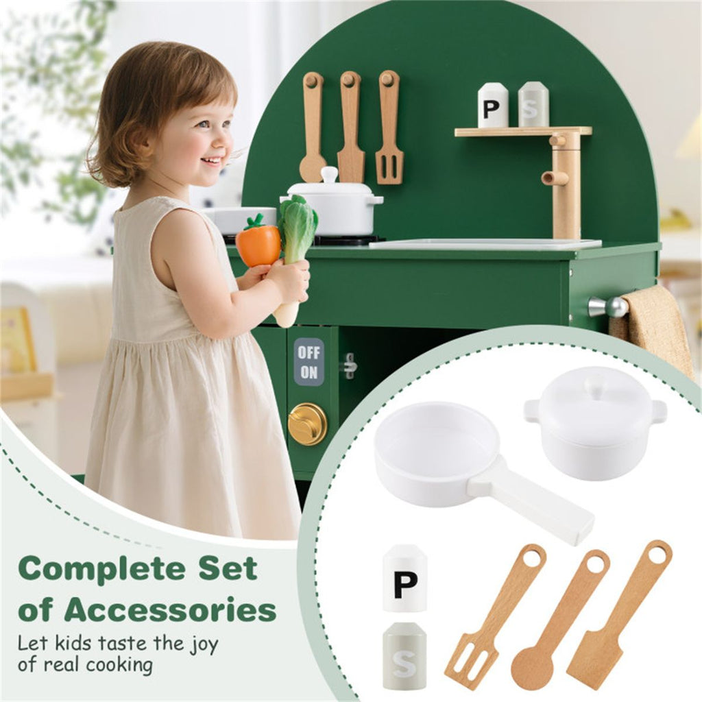 inQ Boutique - Green Wooden Kids Play Kitchen with Interactive Stove & Sink, ASTM/CPSIA Compliant Pretend Cooking Set for Ages 3+