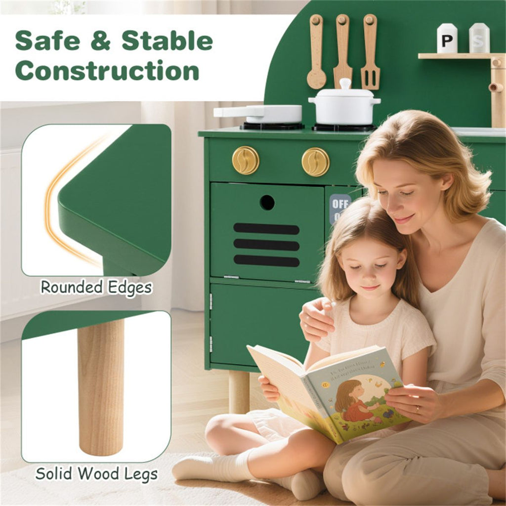 inQ Boutique - Green Wooden Kids Play Kitchen with Interactive Stove & Sink, ASTM/CPSIA Compliant Pretend Cooking Set for Ages 3+