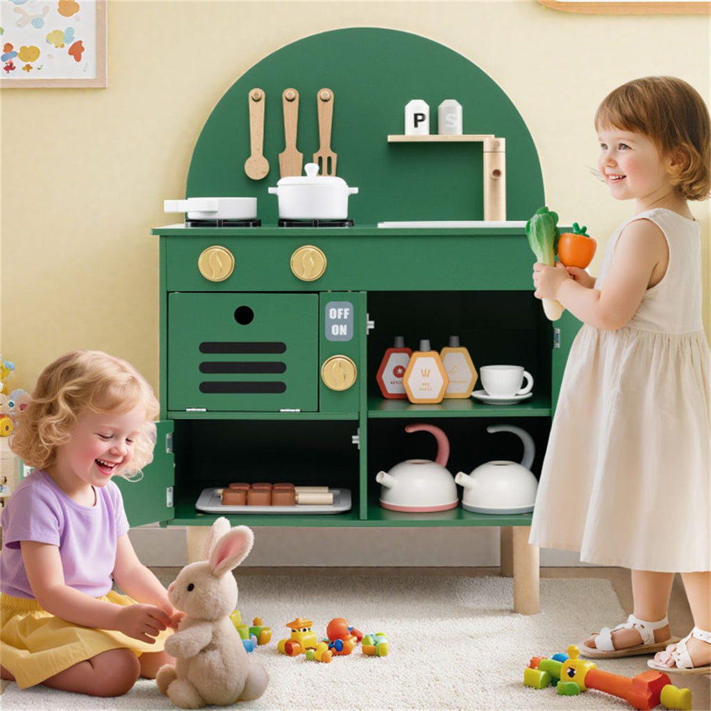 inQ Boutique - Green Wooden Kids Play Kitchen with Interactive Stove & Sink, ASTM/CPSIA Compliant Pretend Cooking Set for Ages 3+