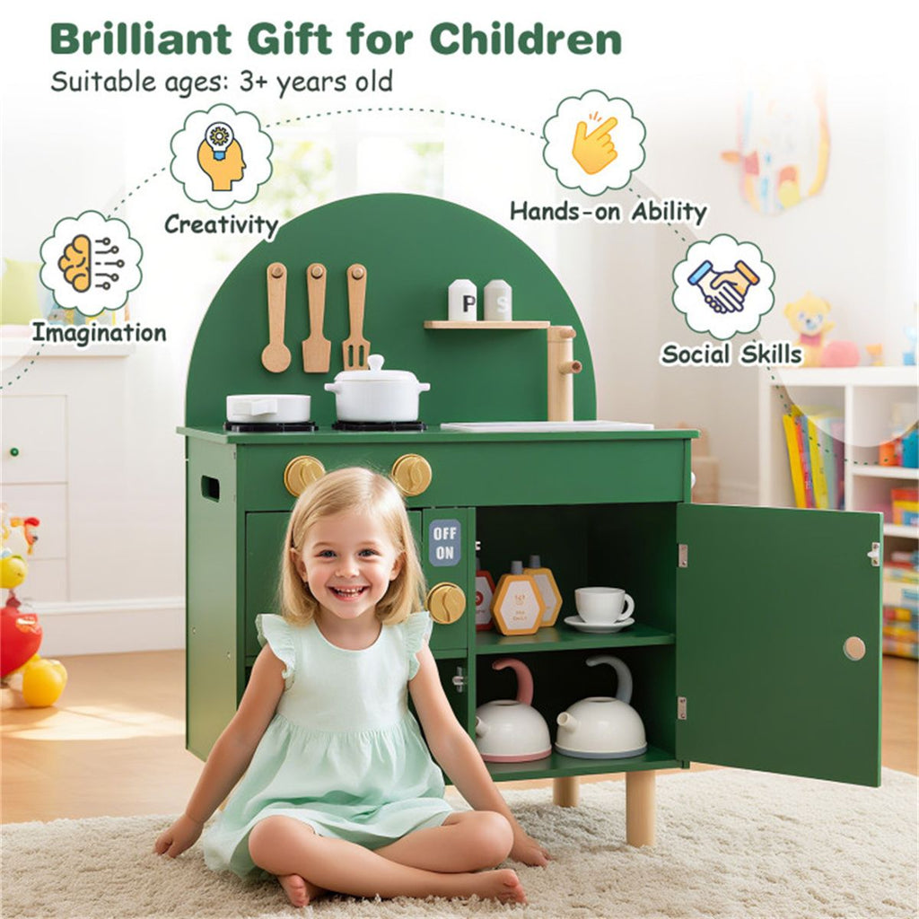 inQ Boutique - Green Wooden Kids Play Kitchen with Interactive Stove & Sink, ASTM/CPSIA Compliant Pretend Cooking Set for Ages 3+