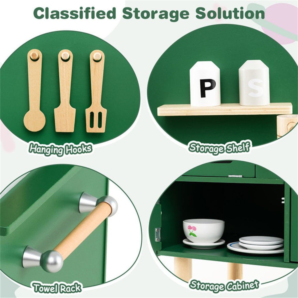 inQ Boutique - Green Wooden Kids Play Kitchen with Interactive Stove & Sink, ASTM/CPSIA Compliant Pretend Cooking Set for Ages 3+