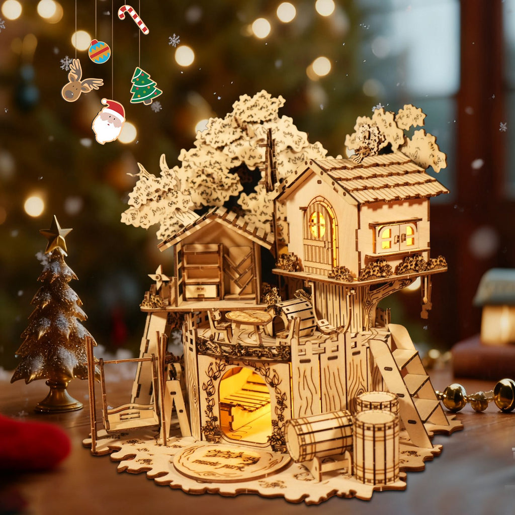Music Park - 3D Wooden Puzzle Tree House With Light Handmade Crafts Assembly Model Kits  Creative Decoration Birthday and Christmas Gifts