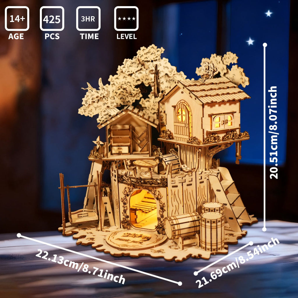 Music Park - 3D Wooden Puzzle Tree House With Light Handmade Crafts Assembly Model Kits  Creative Decoration Birthday and Christmas Gifts