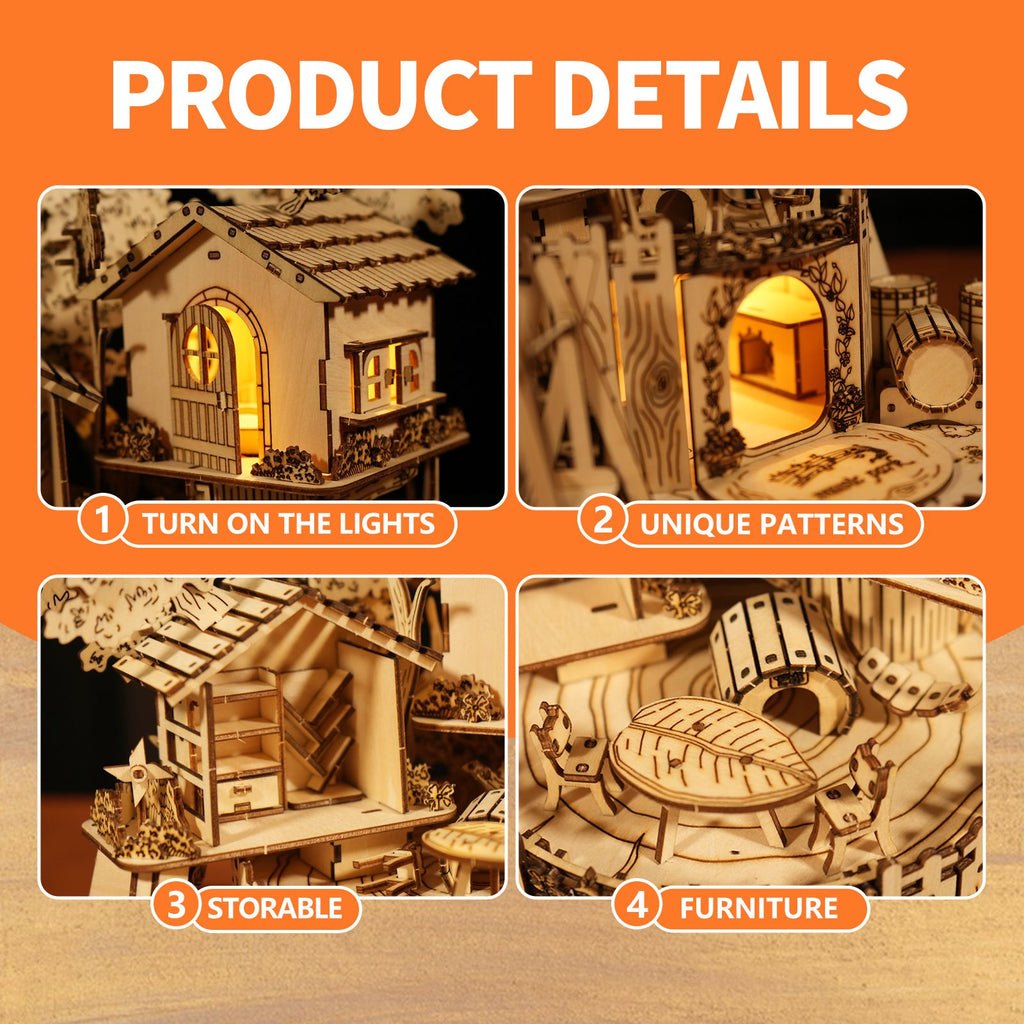 Music Park - 3D Wooden Puzzle Tree House With Light Handmade Crafts Assembly Model Kits  Creative Decoration Birthday and Christmas Gifts
