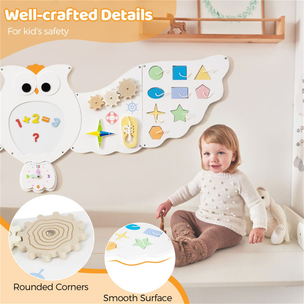 inQ Boutique - 11-in-1 Montessori Owl Activity Wall - STEM Sensory Busy Board with Magnetic Whiteboard, 3+ Years Old