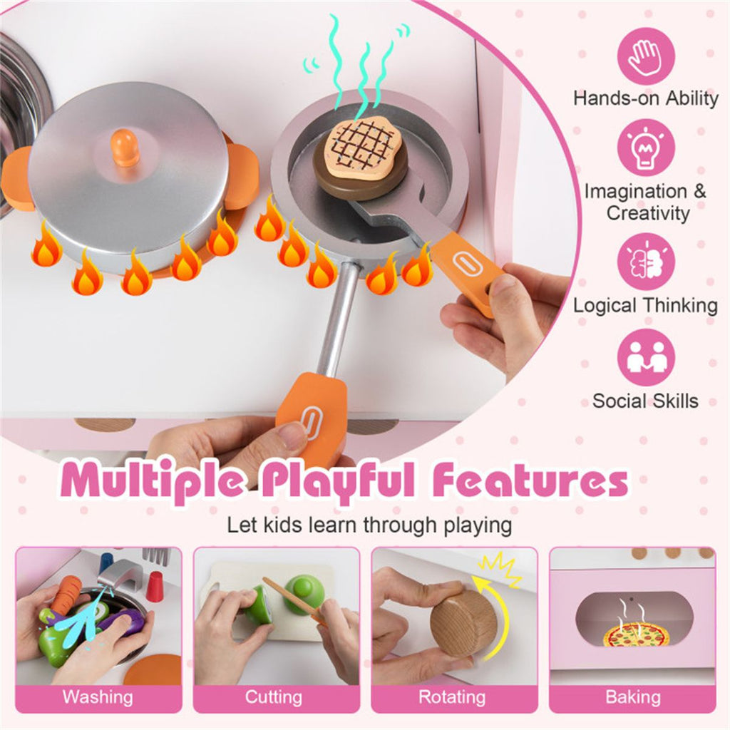 inQ Boutique - Pink Wooden Toddler Play Kitchen with Sink & Accessories, Safe Gift for Kids 3+