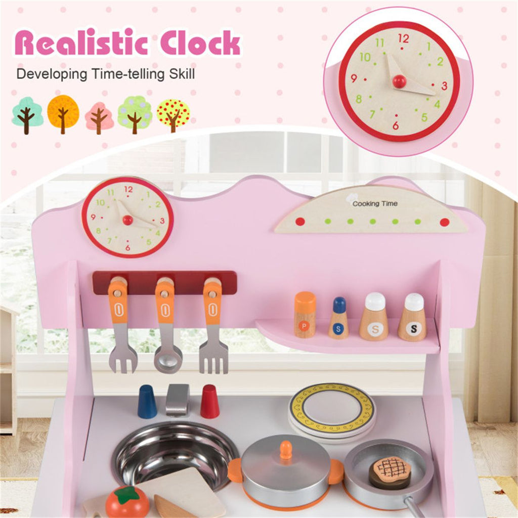 inQ Boutique - Pink Wooden Toddler Play Kitchen with Sink & Accessories, Safe Gift for Kids 3+