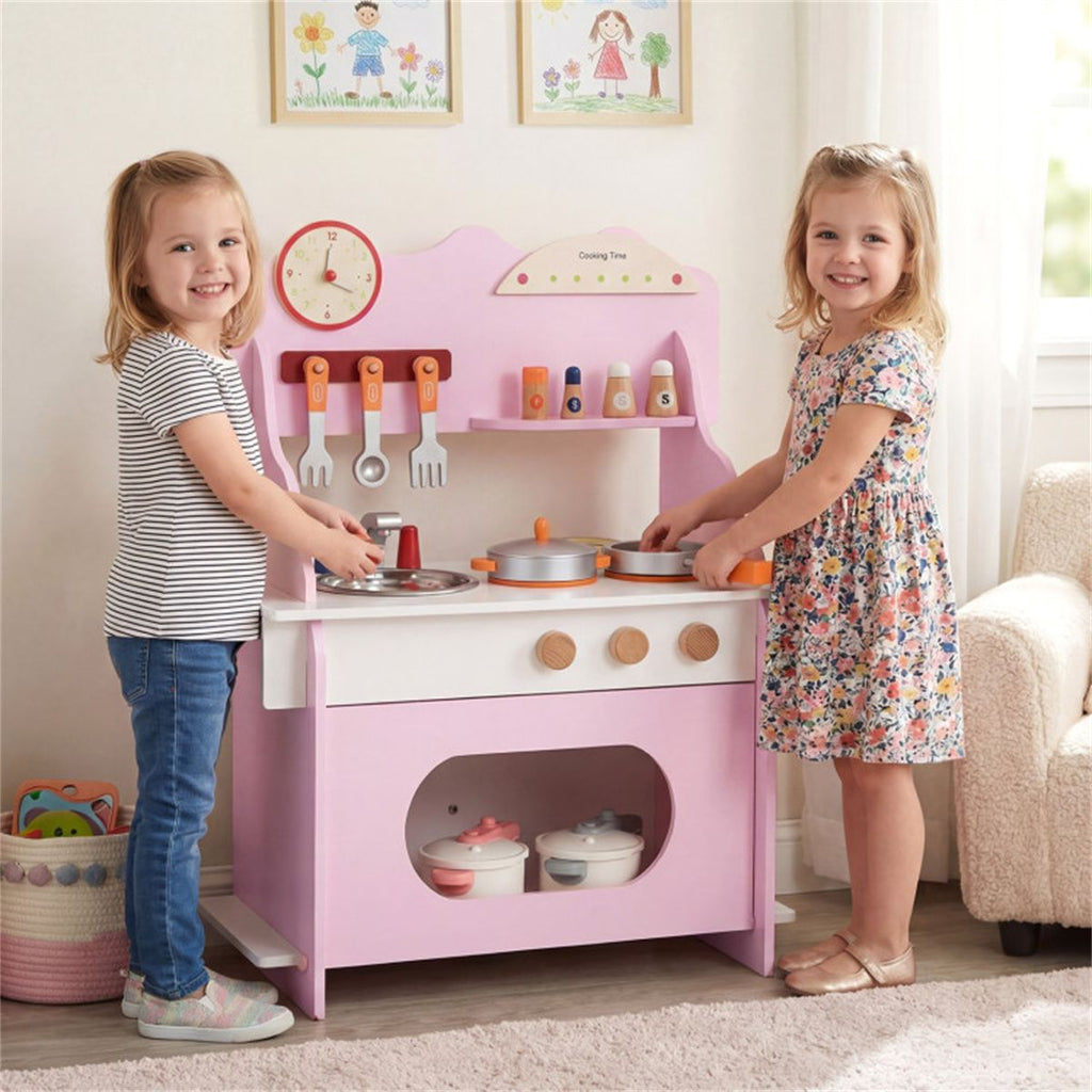 inQ Boutique - Pink Wooden Toddler Play Kitchen with Sink & Accessories, Safe Gift for Kids 3+
