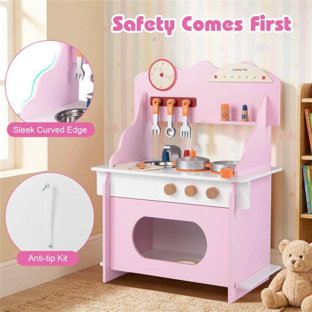 inQ Boutique - Pink Wooden Toddler Play Kitchen with Sink & Accessories, Safe Gift for Kids 3+