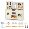 inQ Boutique - Beige Wooden Kids Play Kitchen with Rotatable Faucet & 14 Accessories,Pretend Cooking Set for Toddlers 3+