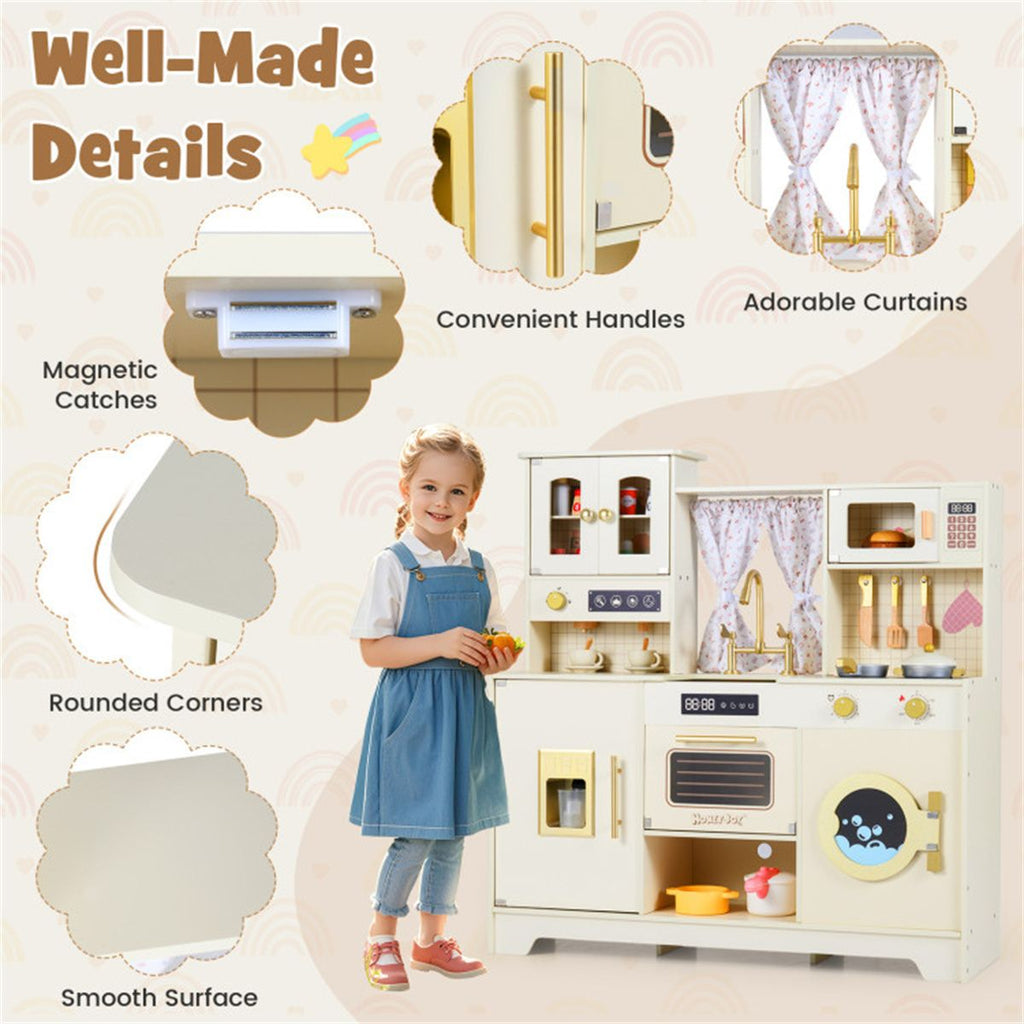 inQ Boutique - Beige Wooden Kids Play Kitchen with Rotatable Faucet & 14 Accessories,Pretend Cooking Set for Toddlers 3+