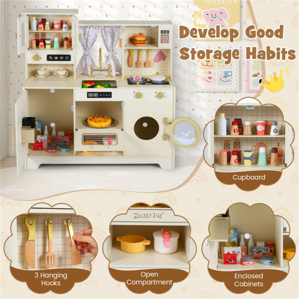 inQ Boutique - Beige Wooden Kids Play Kitchen with Rotatable Faucet & 14 Accessories,Pretend Cooking Set for Toddlers 3+