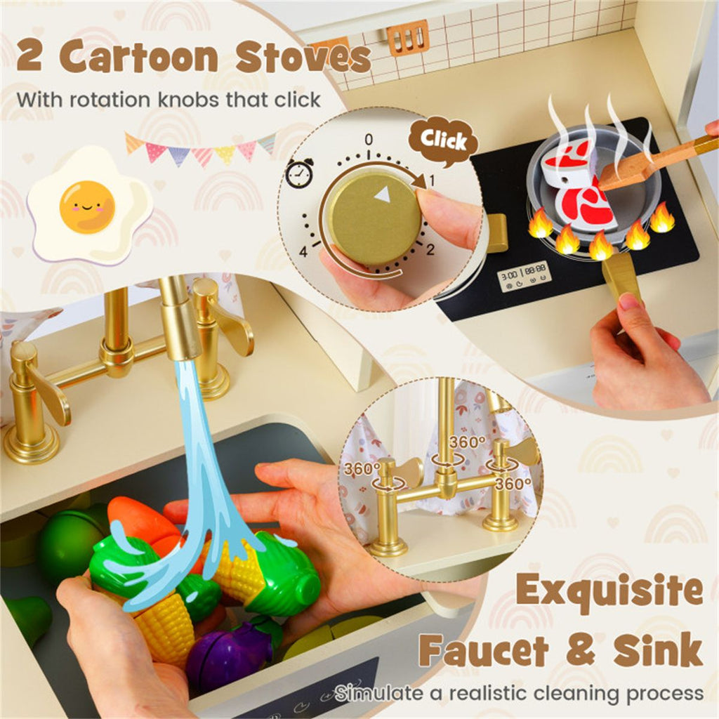 inQ Boutique - Beige Wooden Kids Play Kitchen with Rotatable Faucet & 14 Accessories,Pretend Cooking Set for Toddlers 3+