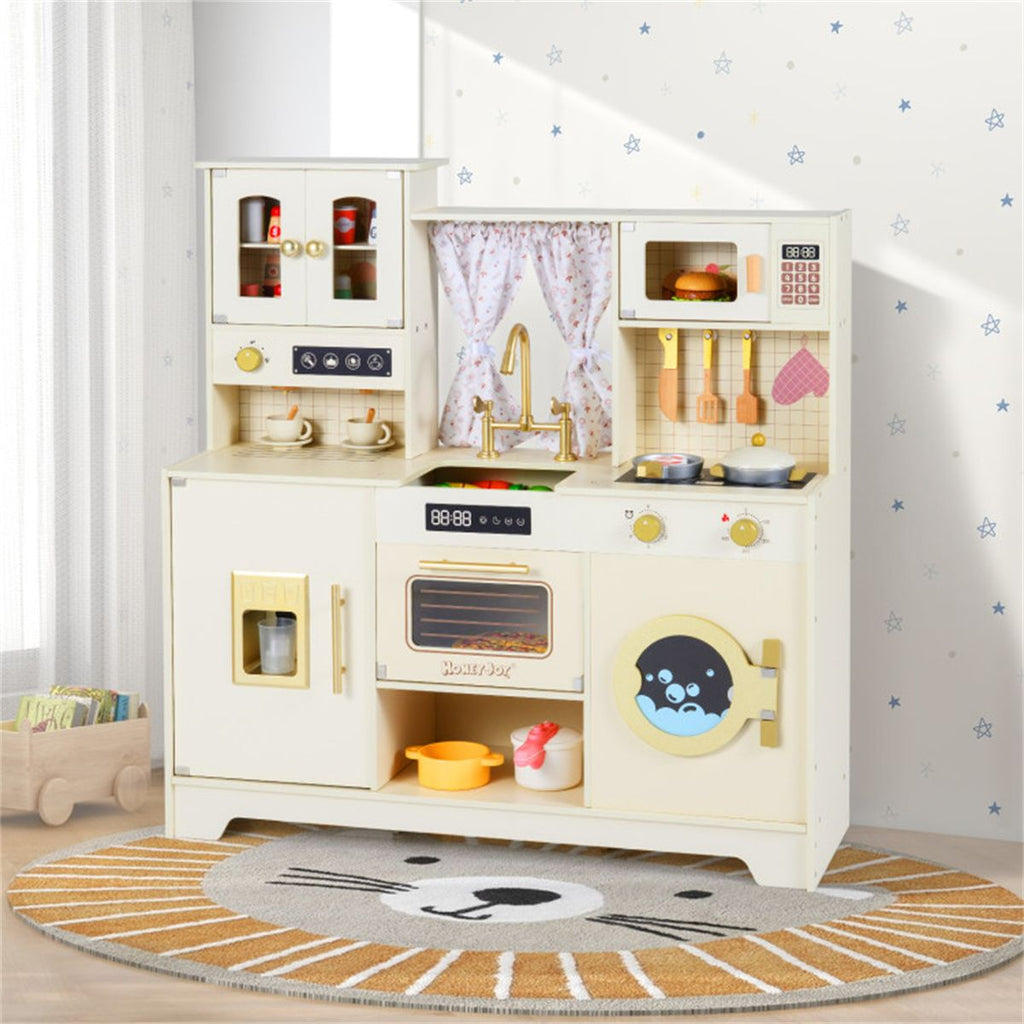 inQ Boutique - Beige Wooden Kids Play Kitchen with Rotatable Faucet & 14 Accessories,Pretend Cooking Set for Toddlers 3+