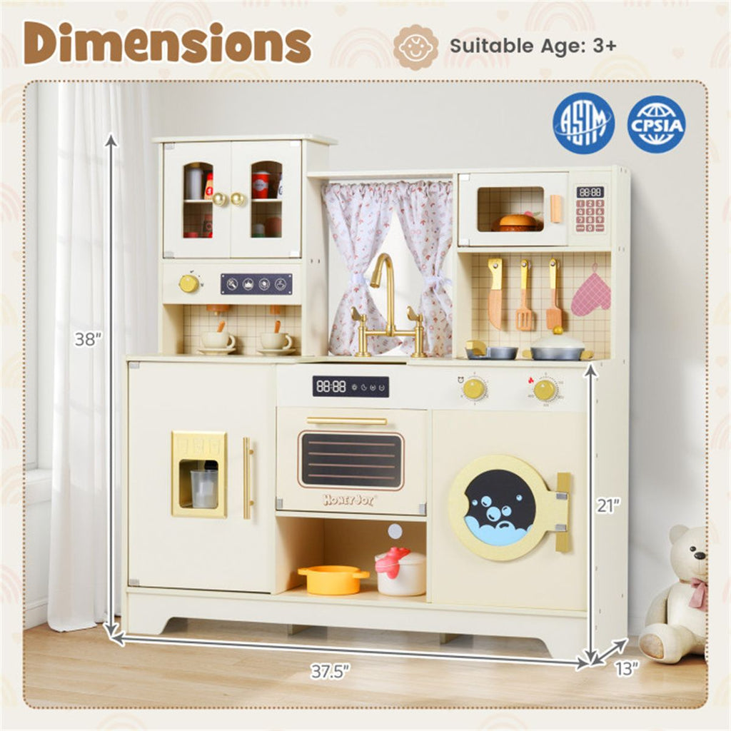 inQ Boutique - Beige Wooden Kids Play Kitchen with Rotatable Faucet & 14 Accessories,Pretend Cooking Set for Toddlers 3+