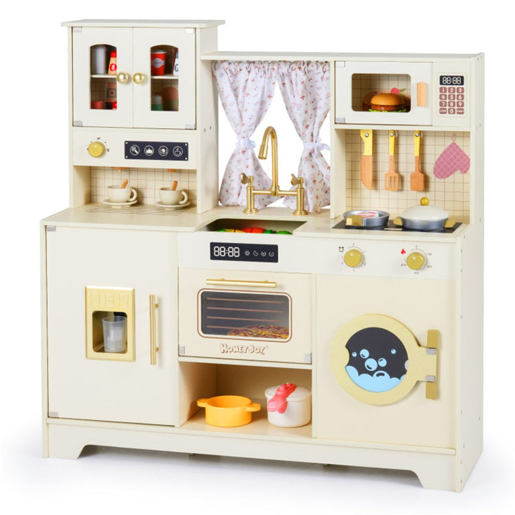 inQ Boutique - Beige Wooden Kids Play Kitchen with Rotatable Faucet & 14 Accessories,Pretend Cooking Set for Toddlers 3+