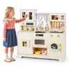 inQ Boutique - Beige Wooden Kids Play Kitchen with Rotatable Faucet & 14 Accessories,Pretend Cooking Set for Toddlers 3+