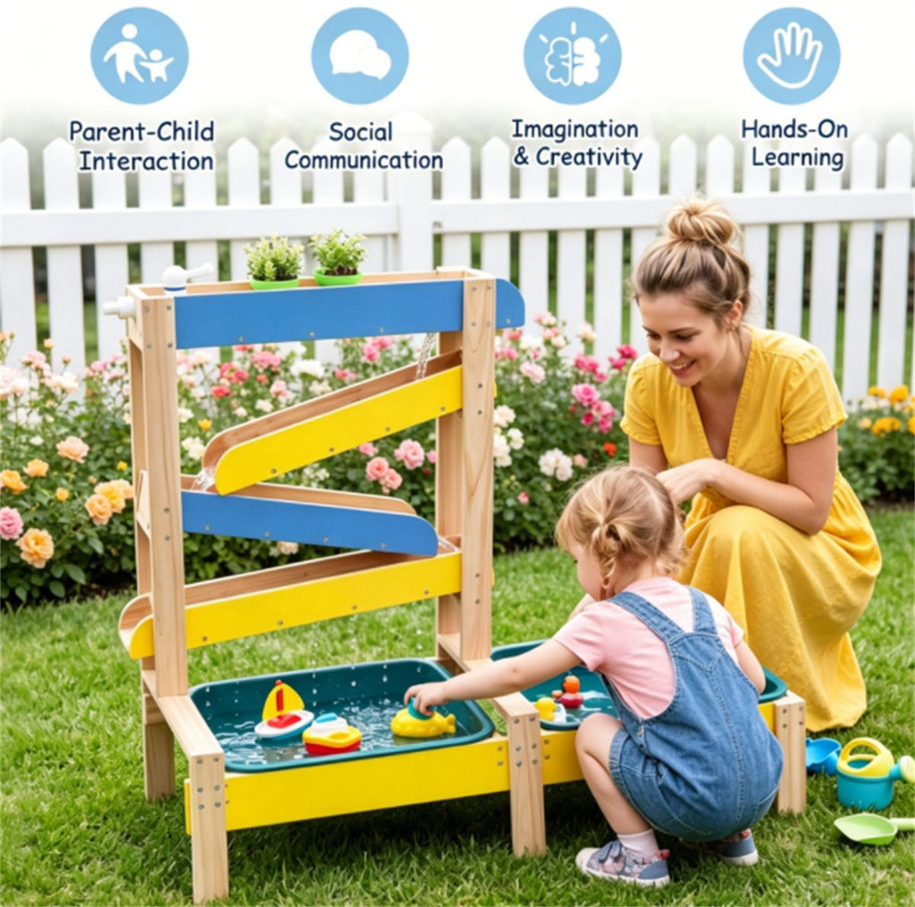 inQ Boutique - 3-in-1 Kids Sand Water Play Table, Fir Wood Outdoor Sensory Activity Table with Faucet & Accessories, Double Basin Play Toy for Toddlers Ages 3+