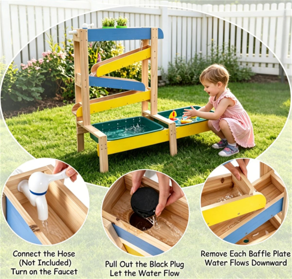 inQ Boutique - 3-in-1 Kids Sand Water Play Table, Fir Wood Outdoor Sensory Activity Table with Faucet & Accessories, Double Basin Play Toy for Toddlers Ages 3+