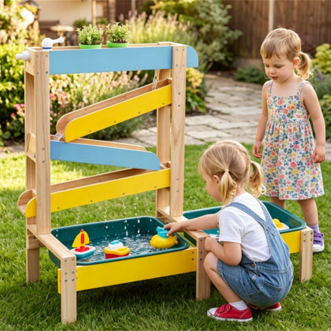 inQ Boutique - 3-in-1 Kids Sand Water Play Table, Fir Wood Outdoor Sensory Activity Table with Faucet & Accessories, Double Basin Play Toy for Toddlers Ages 3+