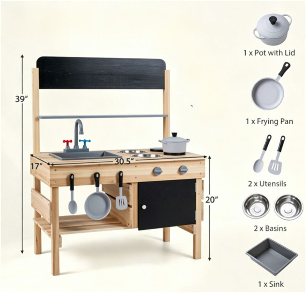 inQ Boutique - Natural Fir Wood Kids Outdoor Mud Kitchen Playset with Stainless Steel Sink & Stoves, Pretend Play Cooking Toy with Storage Hooks for Toddlers 3+