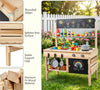 inQ Boutique - Natural Fir Wood Kids Outdoor Mud Kitchen Playset with Stainless Steel Sink & Stoves, Pretend Play Cooking Toy with Storage Hooks for Toddlers 3+