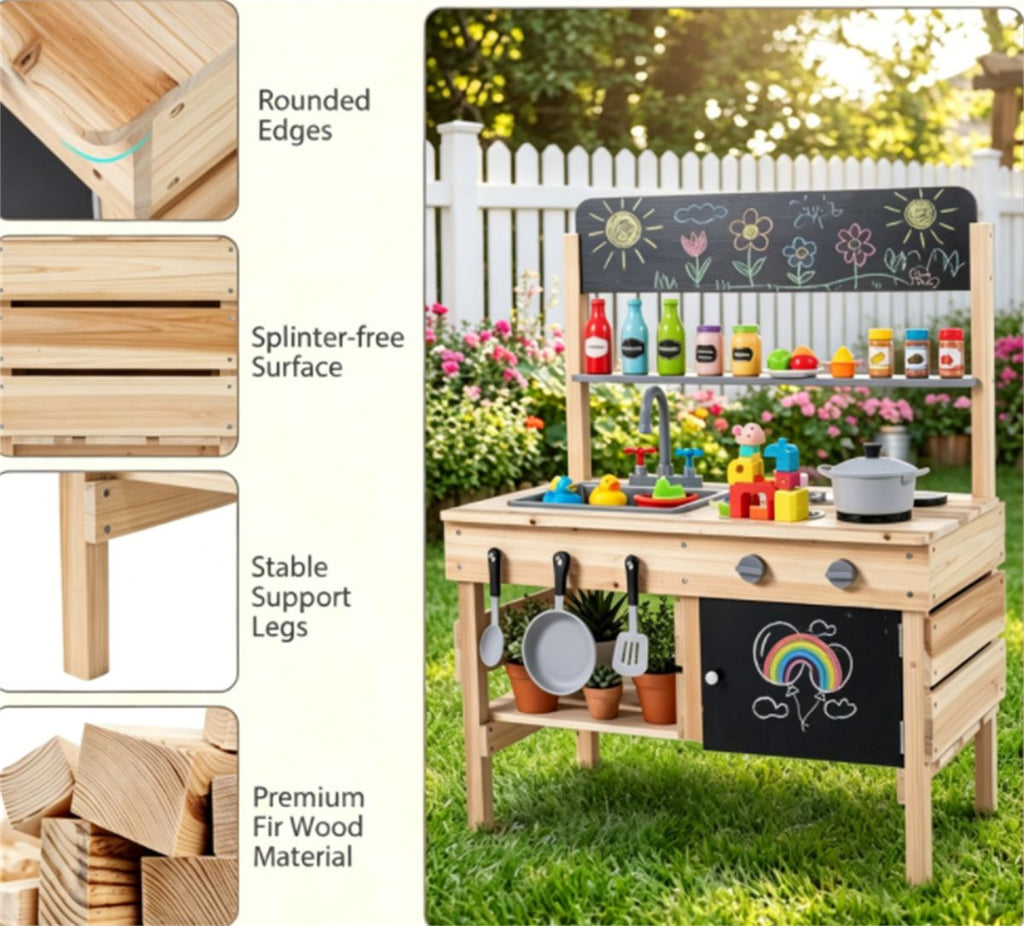 inQ Boutique - Natural Fir Wood Kids Outdoor Mud Kitchen Playset with Stainless Steel Sink & Stoves, Pretend Play Cooking Toy with Storage Hooks for Toddlers 3+