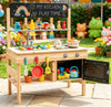 inQ Boutique - Natural Fir Wood Kids Outdoor Mud Kitchen Playset with Stainless Steel Sink & Stoves, Pretend Play Cooking Toy with Storage Hooks for Toddlers 3+
