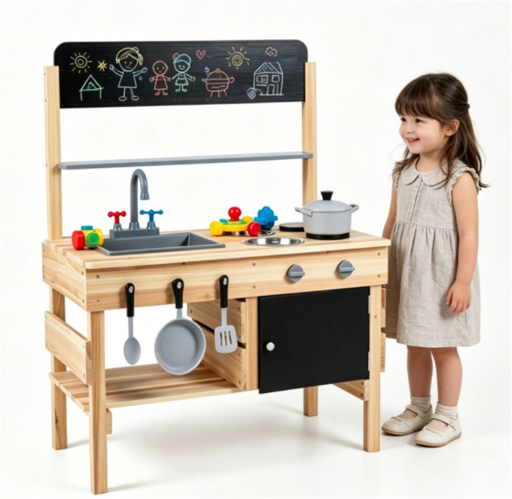 inQ Boutique - Natural Fir Wood Kids Outdoor Mud Kitchen Playset with Stainless Steel Sink & Stoves, Pretend Play Cooking Toy with Storage Hooks for Toddlers 3+