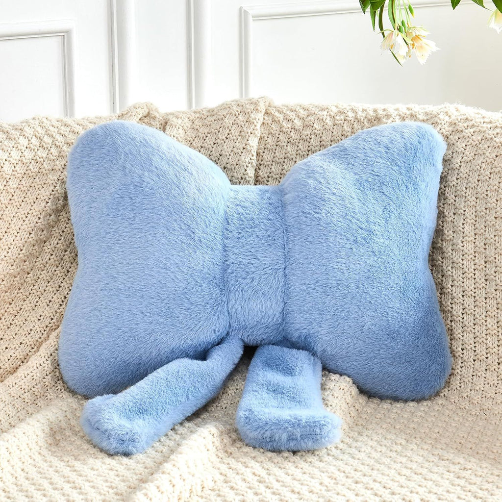 Bright Living - Dusty Blue Bow Pillow, Soft Bow Decorative Pillows with Faux Rabbit Fur, Cute 12'' Bow Throw Pillows, Aesthetic Home Decor Bow Shaped Plush Pillow for Bedroom Sofa Couch