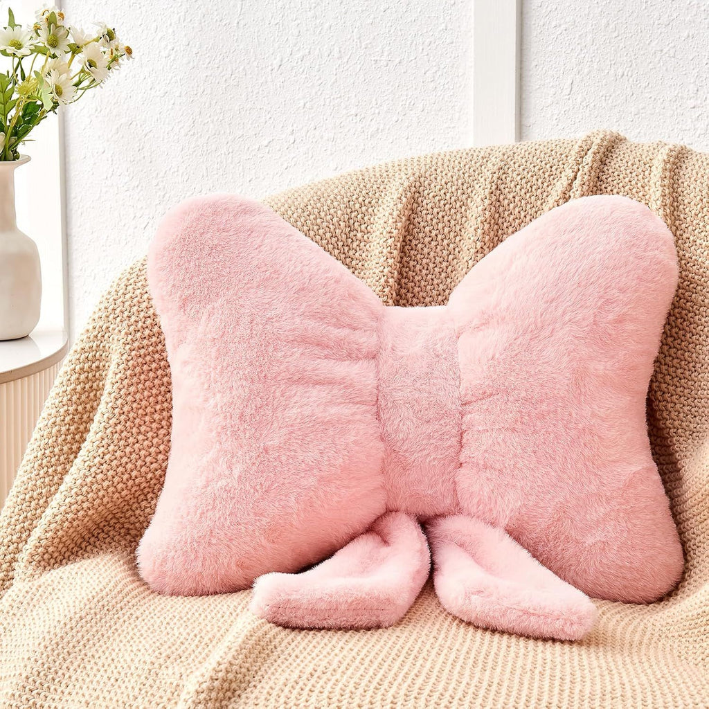 Bright Living - Pink Bow Pillow,16'' Bow Decorative Pillows with Faux Rabbit Fur,Soft Bow Throw Pillows Aesthetic Bow Shaped Pillow for Bed Sofa Couch Home Decor