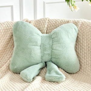 Bright Living - Sage Green Bow Pillow, Soft Bow Decorative Pillows with Faux Rabbit Fur, Cute 16'' Bow Throw Pillows, Aesthetic Home Decor Bow Shaped Plush Pillow for Bedroom Sofa Couch