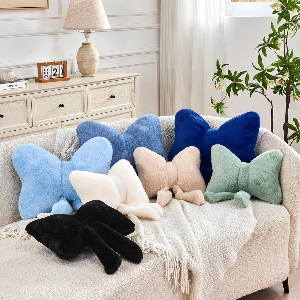 Bright Living - Sage Green Bow Pillow, Soft Bow Decorative Pillows with Faux Rabbit Fur, Cute 16'' Bow Throw Pillows, Aesthetic Home Decor Bow Shaped Plush Pillow for Bedroom Sofa Couch