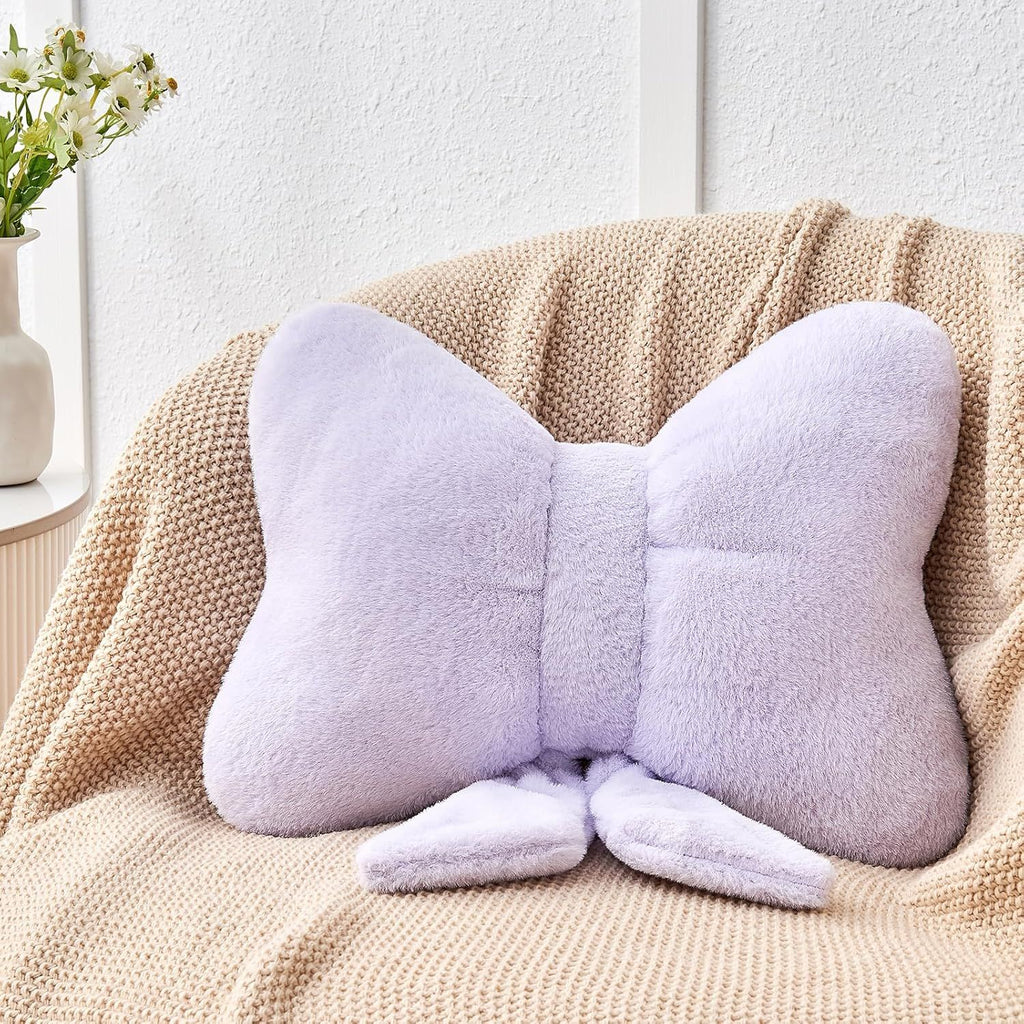 Bright Living - Lavender Bow Pillow,16'' Bow Decorative Pillows with Faux Rabbit Fur,Soft Bow Throw Pillows Aesthetic Bow Shaped Pillow for Bed Sofa Couch Home Decor