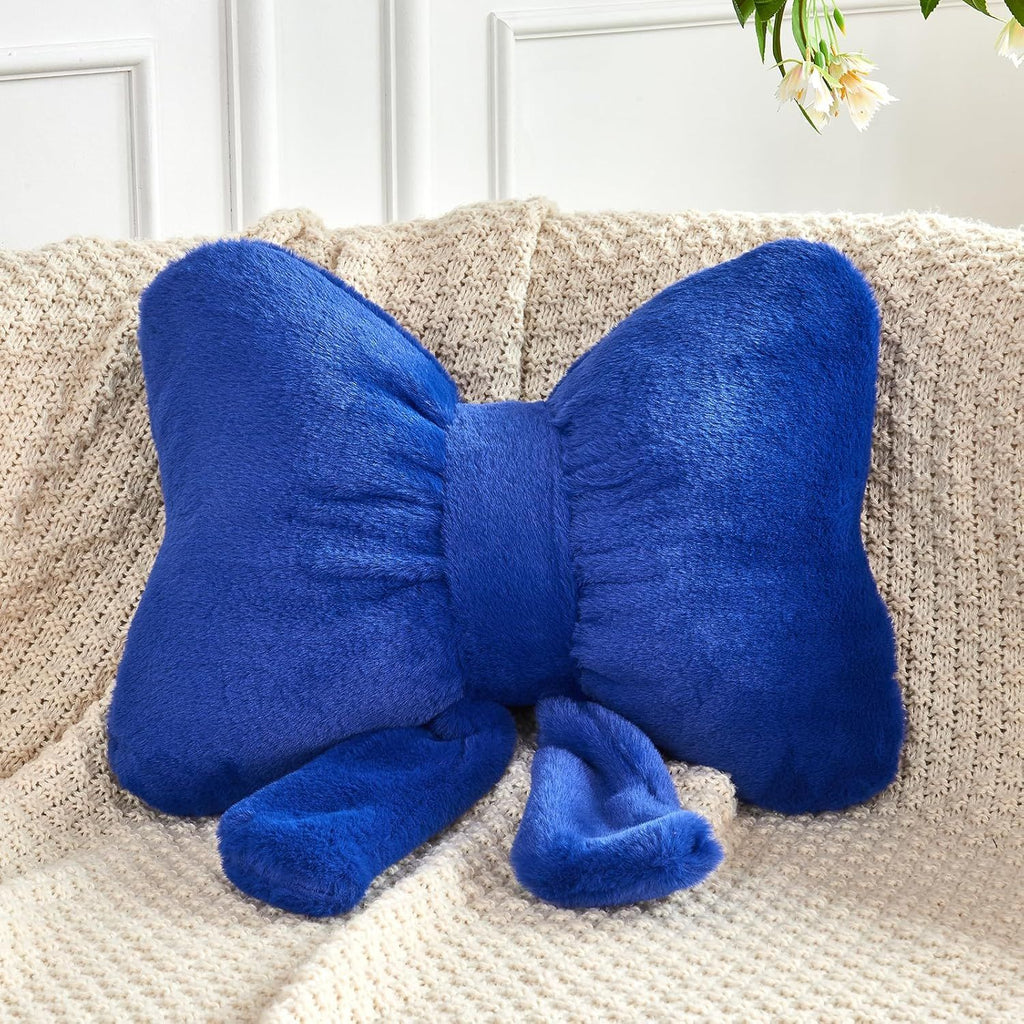 Bright Living - Bow Pillow, Soft Bow Decorative Pillows with Faux Rabbit Fur, Cute Bow Throw Pillows, Aesthetic Home Decor Bow Shaped Plush Pillow for Bedroom Sofa Couch (Royal Blue, Large-16 Inch)