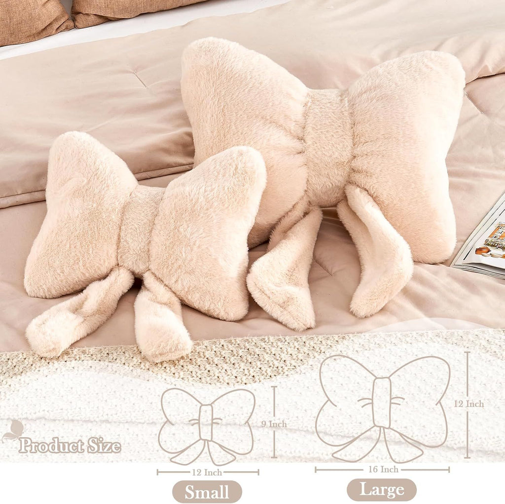 Bright Living - Beige Bow Pillow, Soft Bow Decorative Pillows with Faux Rabbit Fur, Cute 12'' Bow Throw Pillows, Aesthetic Home Decor Bow Shaped Plush Pillow for Bedroom Sofa Couch
