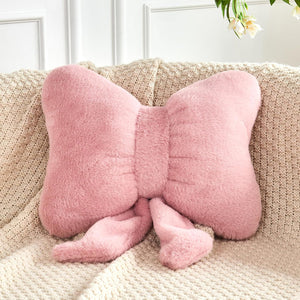 Bright Living - Dusty Pink Bow Pillow, Soft Bow Decorative Pillows with Faux Rabbit Fur, Cute 16'' Bow Throw Pillows, Aesthetic Home Decor Bow Shaped Plush Pillow for Bedroom Sofa Couch