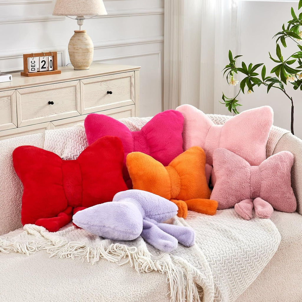 Bright Living - Dusty Pink Bow Pillow, Soft Bow Decorative Pillows with Faux Rabbit Fur, Cute 16'' Bow Throw Pillows, Aesthetic Home Decor Bow Shaped Plush Pillow for Bedroom Sofa Couch