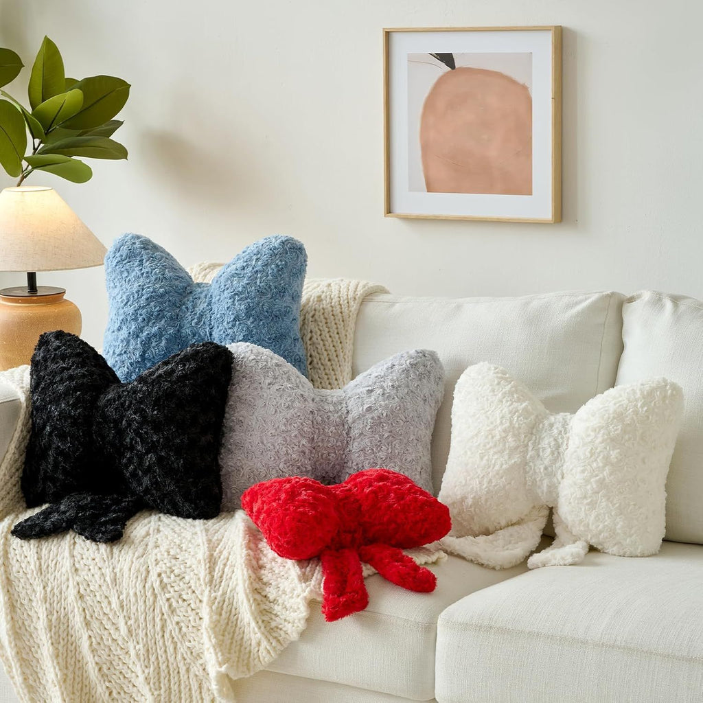 Bright Living - Bow Pillow, Decorative Bow Pillows with Soft Plush for Couch Bed, Bow Shaped Throw Pillow Room Decor for Bedroom, Bow Decorative Pillow for Living Room (Grey Blue, Small-12 Inches)