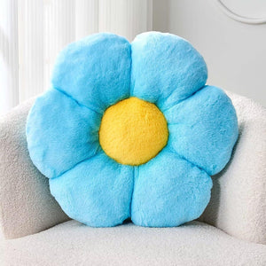 Bright Living - Cute Blue Flower Shaped Throw Pillow with Faux Rabbit Fur, 14.9'' Soft Plush Floor Pillow for Bedroom/Living Room