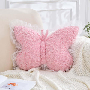 Bright Living - Butterfly Pillow Dusty Pink Decorative Pillows 15'' Butterfly Shaped Cute Throw Pillows with Lace Aesthetic Bow Plush Cushion for Room Decor Bed Sofa Couch
