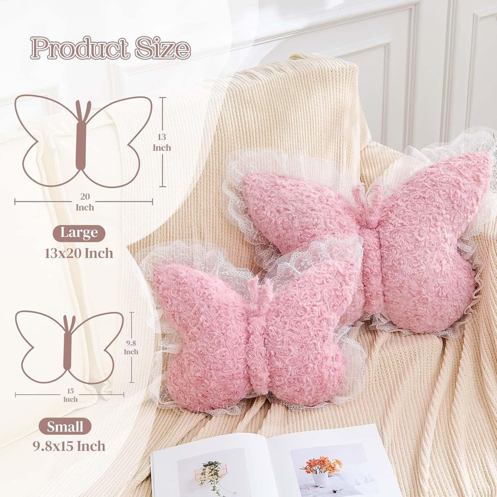 Bright Living - Butterfly Pillow Dusty Pink Decorative Pillows 15'' Butterfly Shaped Cute Throw Pillows with Lace Aesthetic Bow Plush Cushion for Room Decor Bed Sofa Couch