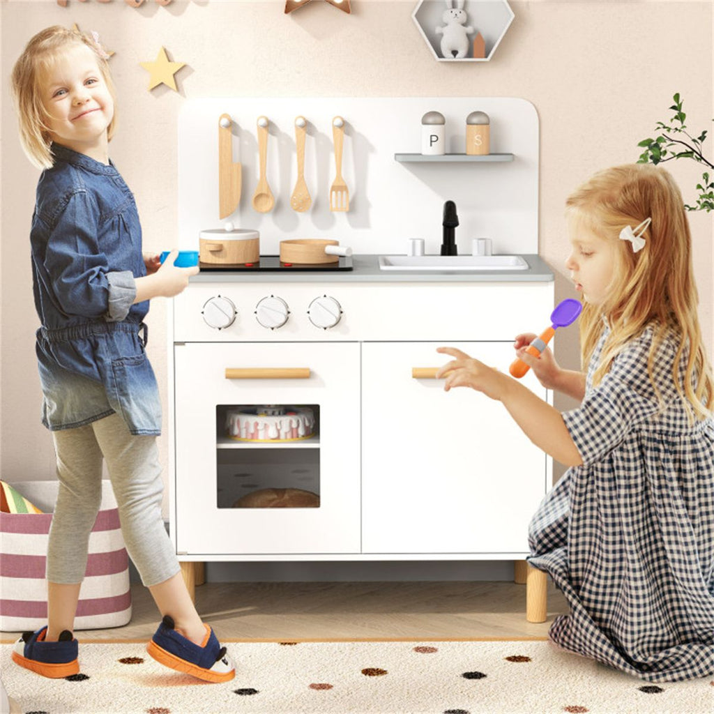 inQ Boutique - White Kids Interactive Wooden Kitchen Playset with Realistic Lights & Sounds