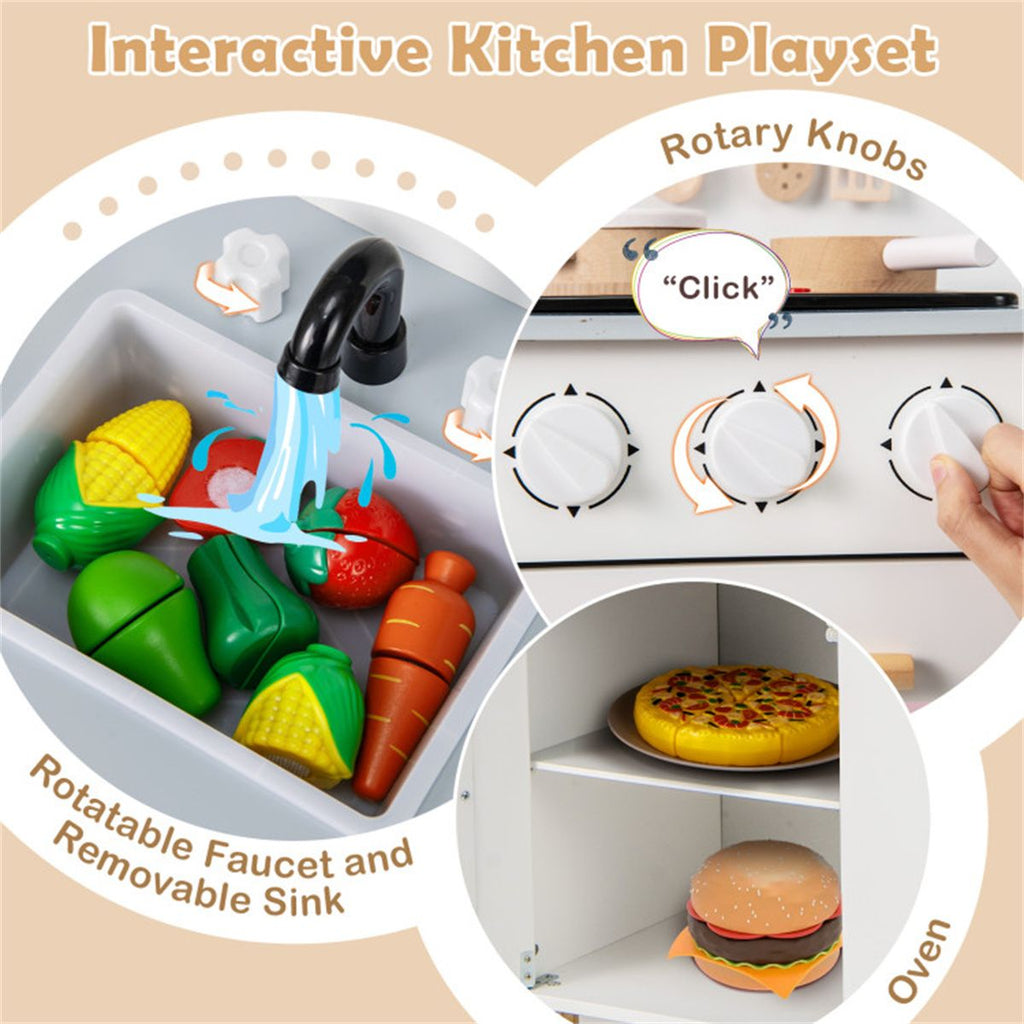 inQ Boutique - White Kids Interactive Wooden Kitchen Playset with Realistic Lights & Sounds