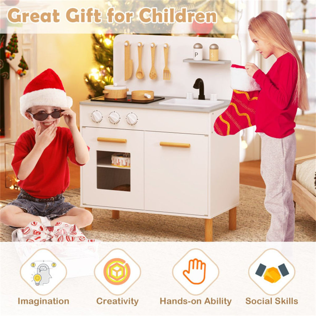 inQ Boutique - White Kids Interactive Wooden Kitchen Playset with Realistic Lights & Sounds