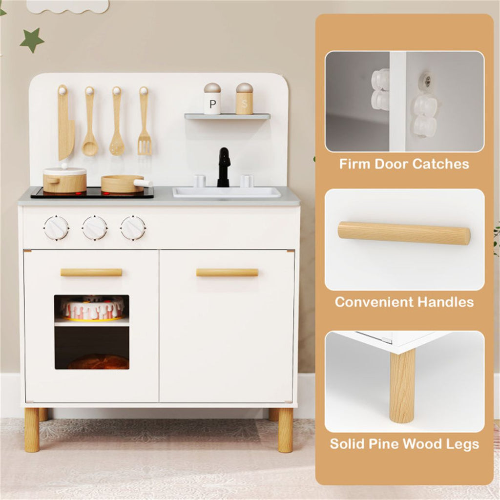 inQ Boutique - White Kids Interactive Wooden Kitchen Playset with Realistic Lights & Sounds