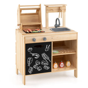inQ Boutique - Natural Kids Wooden Barbecue Grill Playset with Chalkboard and Sink and Cabinet