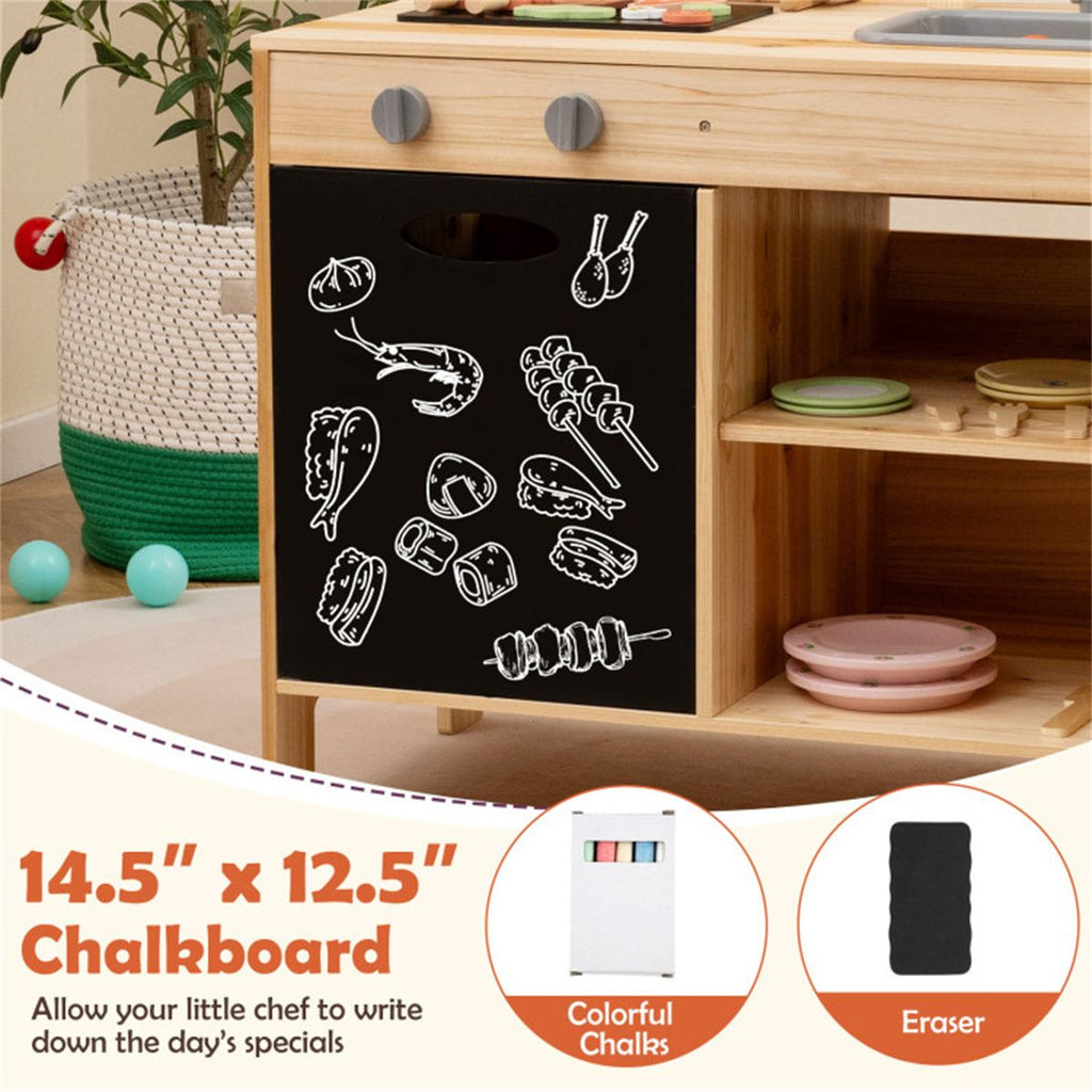 inQ Boutique - Natural Kids Wooden Barbecue Grill Playset with Chalkboard and Sink and Cabinet